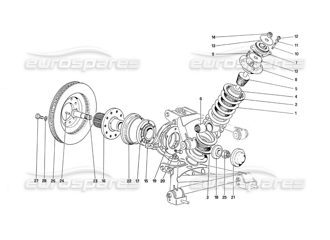 ferrari 288 gto front suspension - shock absorber and brake disc part diagram