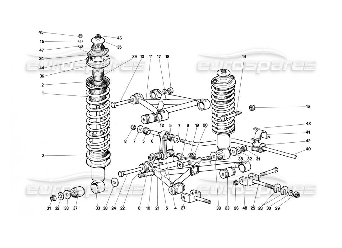 ferrari testarossa (1987) rear suspension - wishbones and shock absorbers part diagram