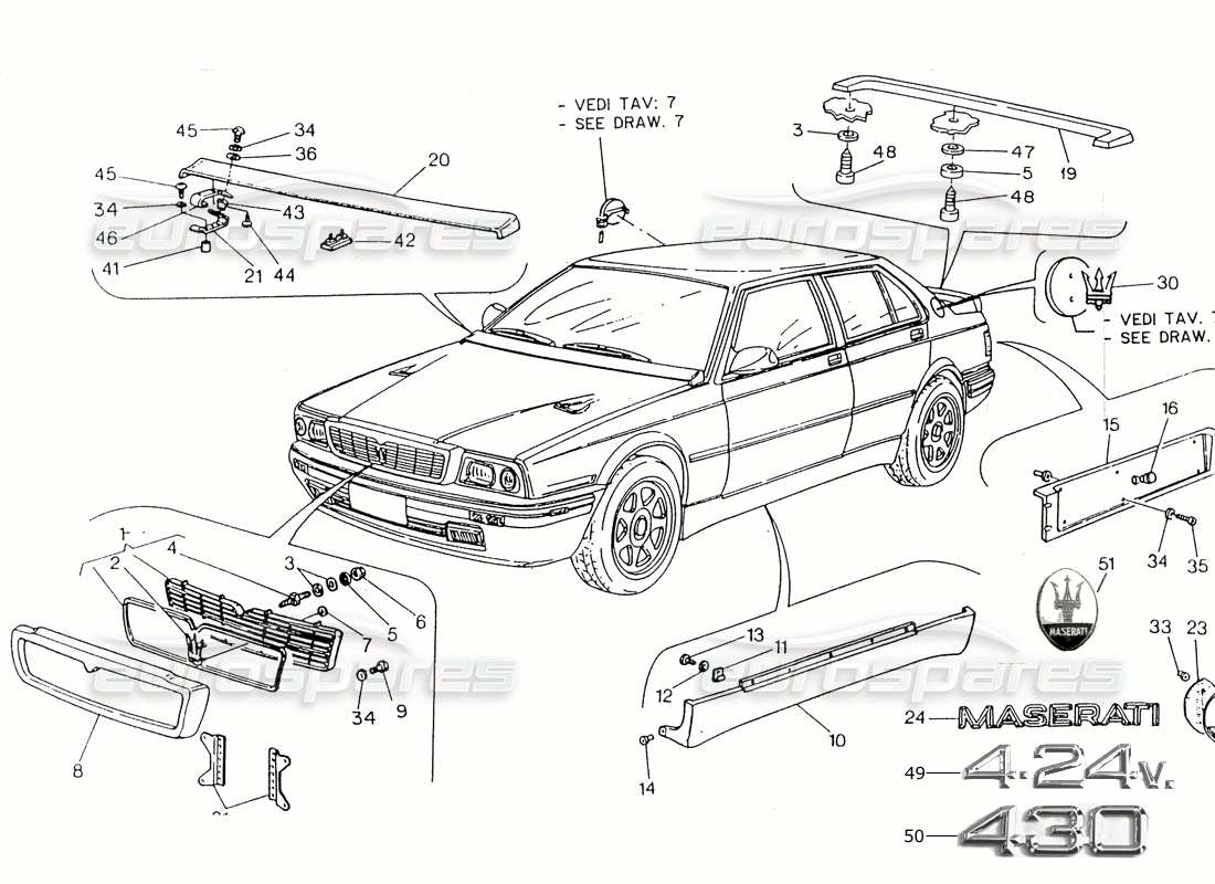 maserati 418 / 4.24v / 430 external finishing part diagram