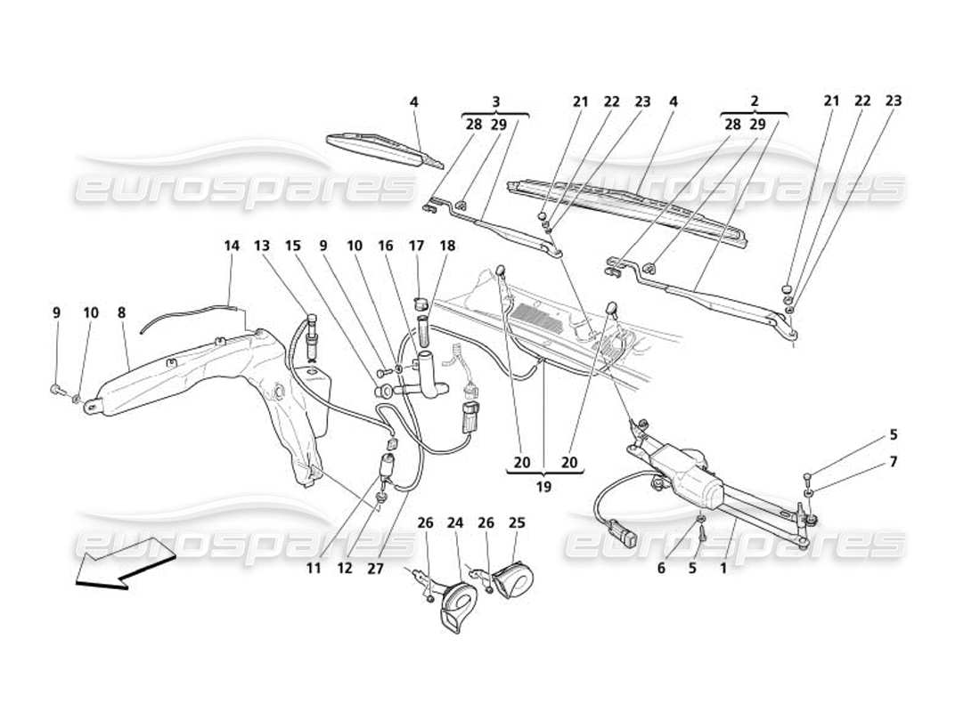 maserati 4200 spyder (2005) windshield - glass washer and horns part diagram