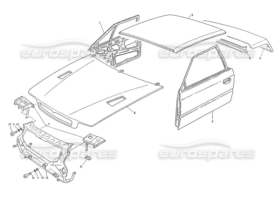 maserati ghibli 2.8 (non abs) bodywork-f. side roof p. doors hoods doors hoods part diagram