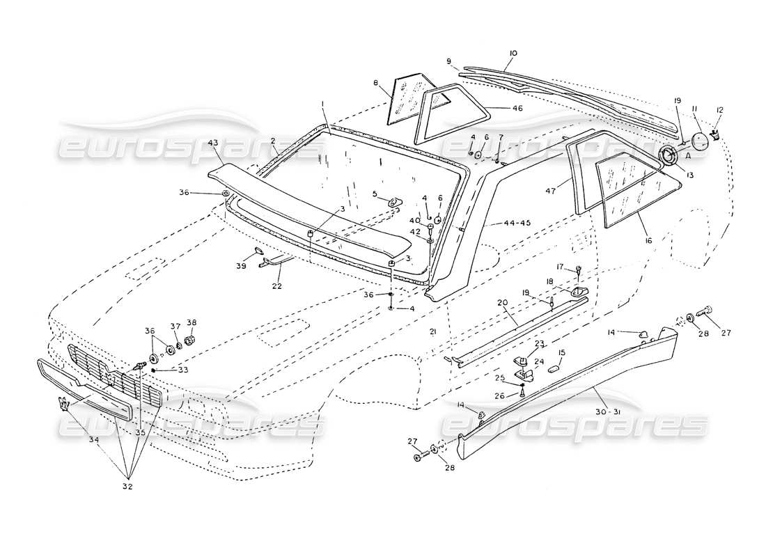 maserati ghibli 2.8 (non abs) radiator grill - external molding - glasses part diagram