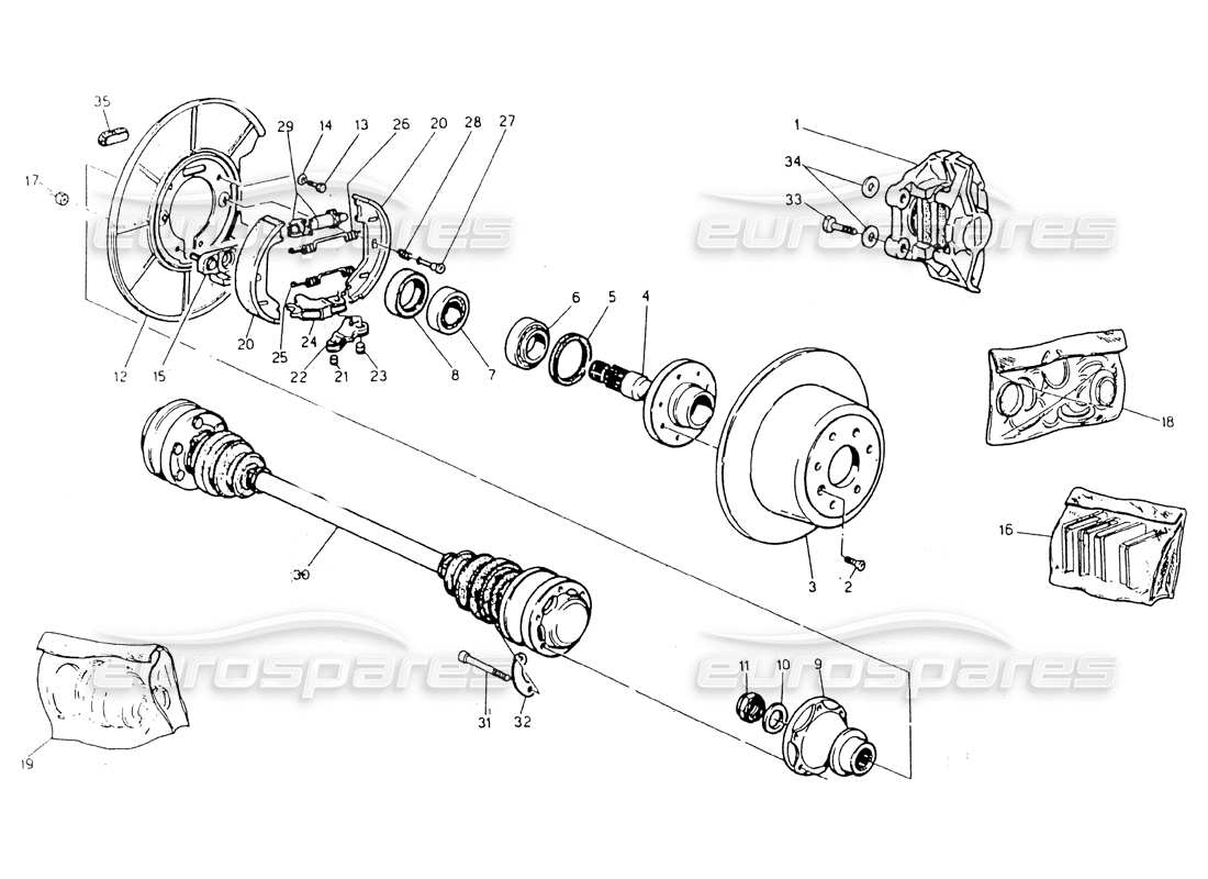 maserati 418 / 4.24v / 430 hubs, rear brakes and axle shafts part diagram