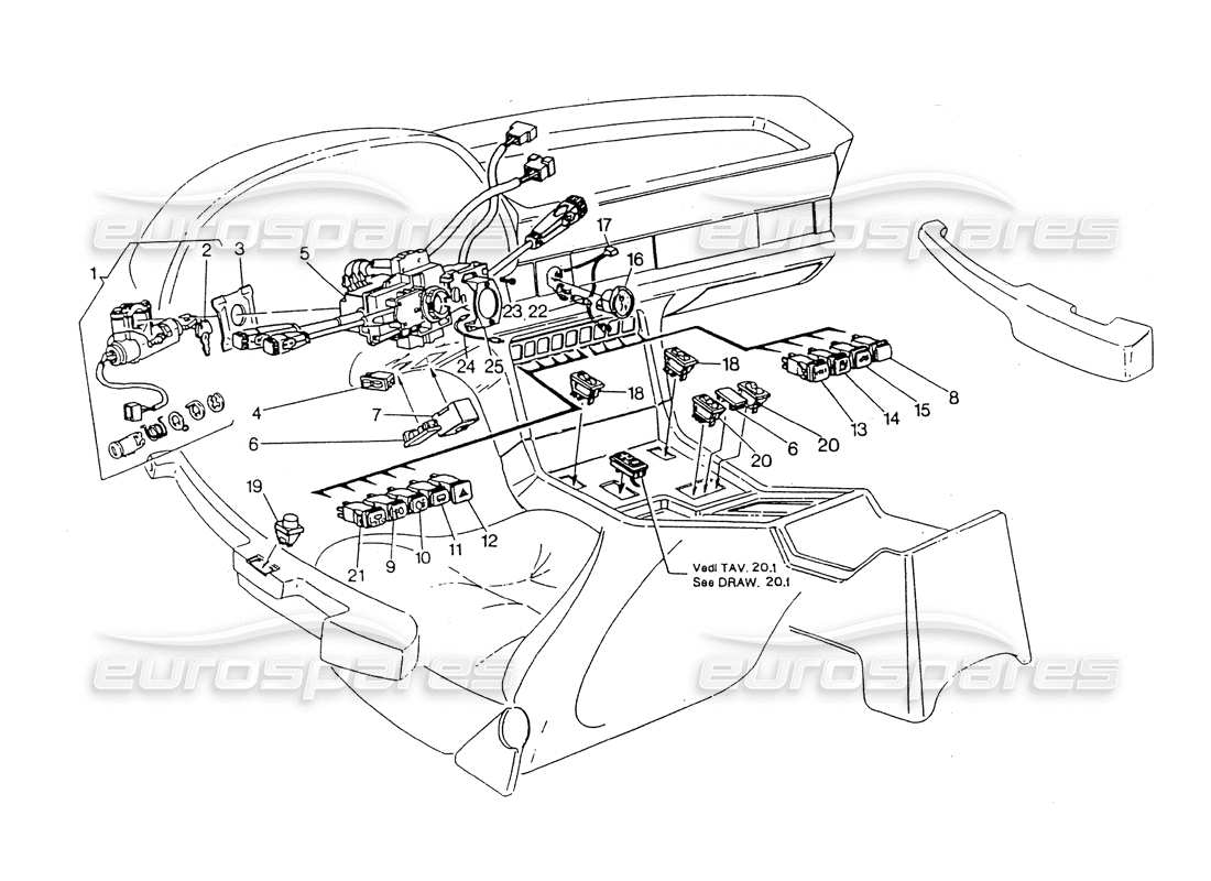 maserati 418 / 4.24v / 430 switches and steering lock part diagram