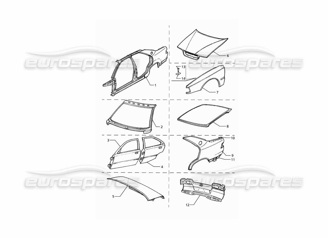 maserati qtp. 3.2 v8 (1999) body shell: outer panels part diagram