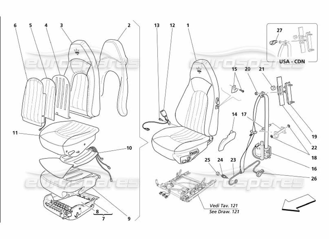 maserati 4200 coupe (2005) front seat and seat belts part diagram