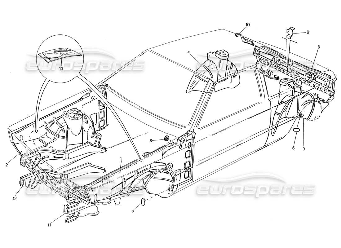 maserati 222 / 222e biturbo body shell: inner panels part diagram