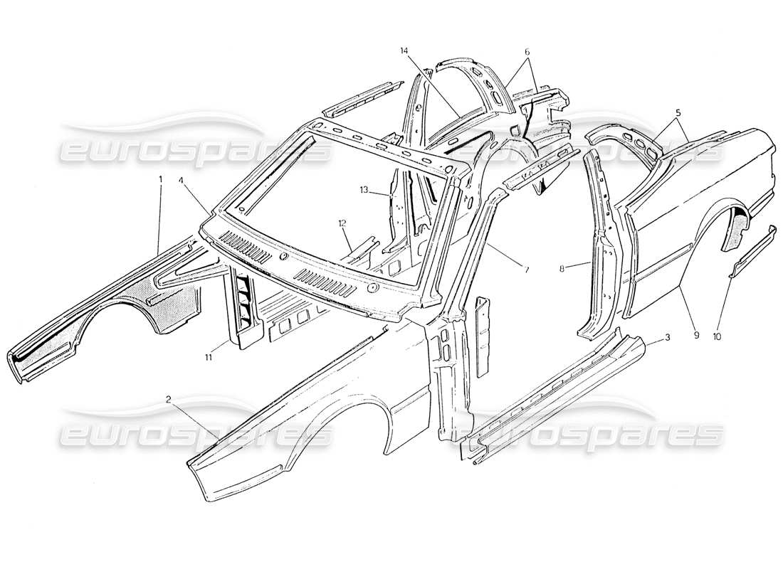 maserati karif 2.8 body shell: outer panels part diagram