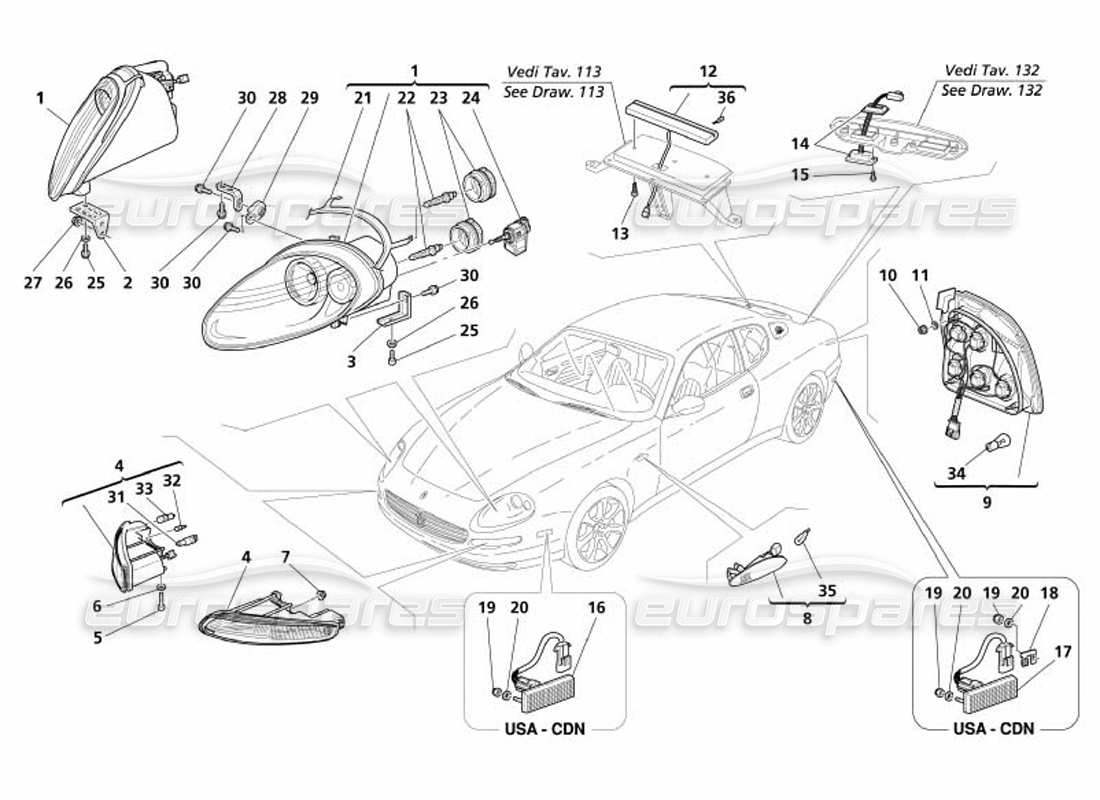 maserati 4200 coupe (2005) front and rear lights part diagram