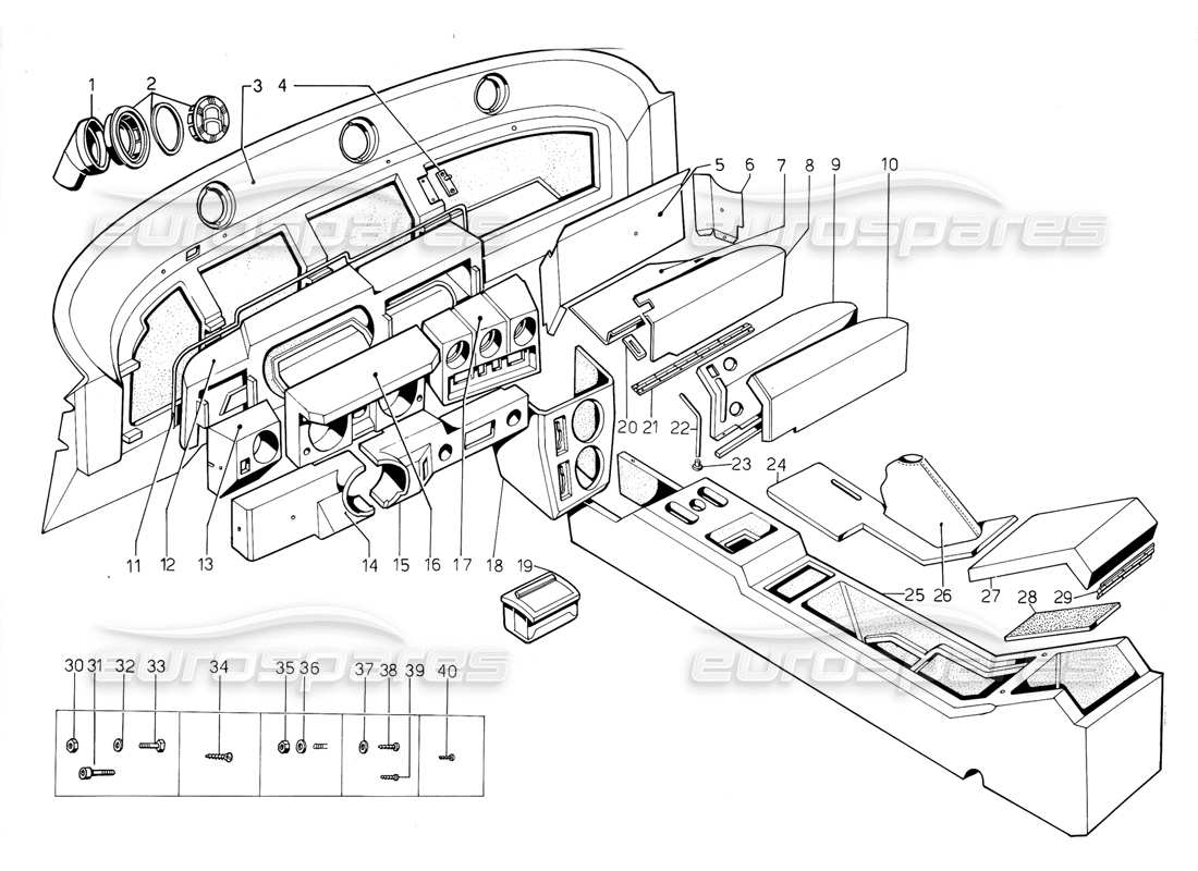 lamborghini jalpa 3.5 (1984) dashboard and tunnel part diagram