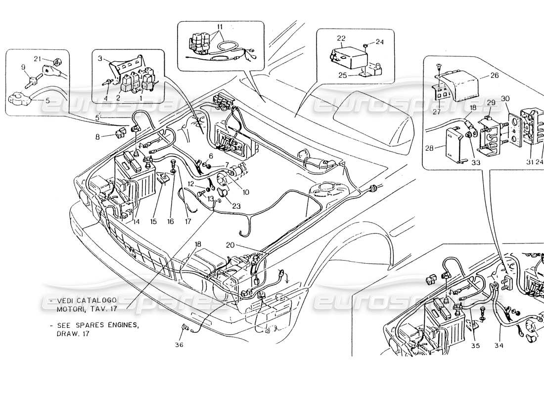 maserati 418 / 4.24v / 430 engine compart. electr. system,lh steer. part diagram