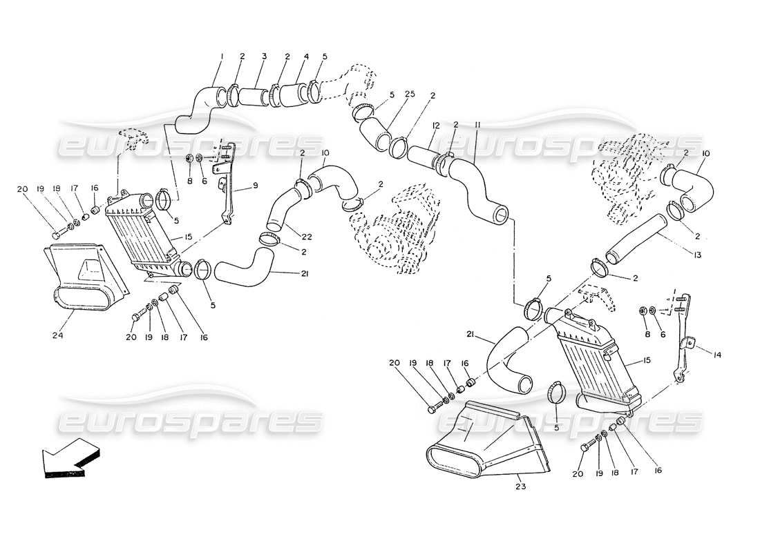 maserati ghibli 2.8 (non abs) heat exchanger and ducts part diagram