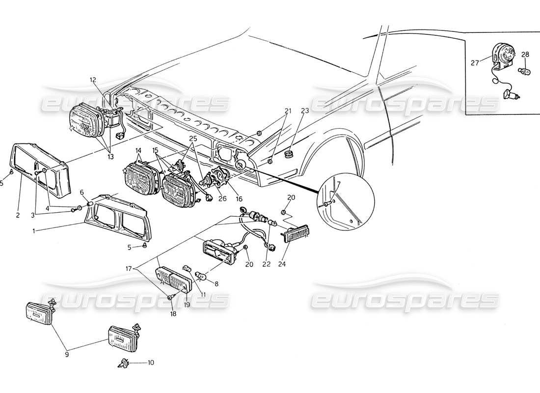 maserati 222 / 222e biturbo front lights part diagram