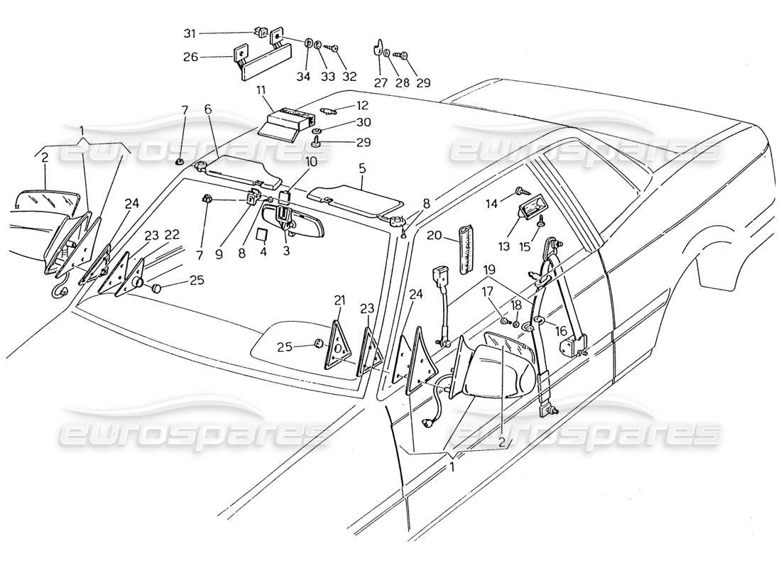 maserati karif 2.8 seat belts, mirrors and sun visor part diagram