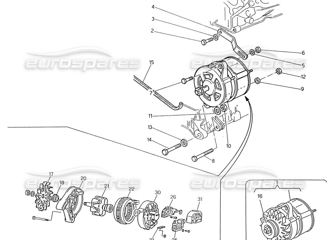 maserati 222 / 222e biturbo alternator and bracket part diagram