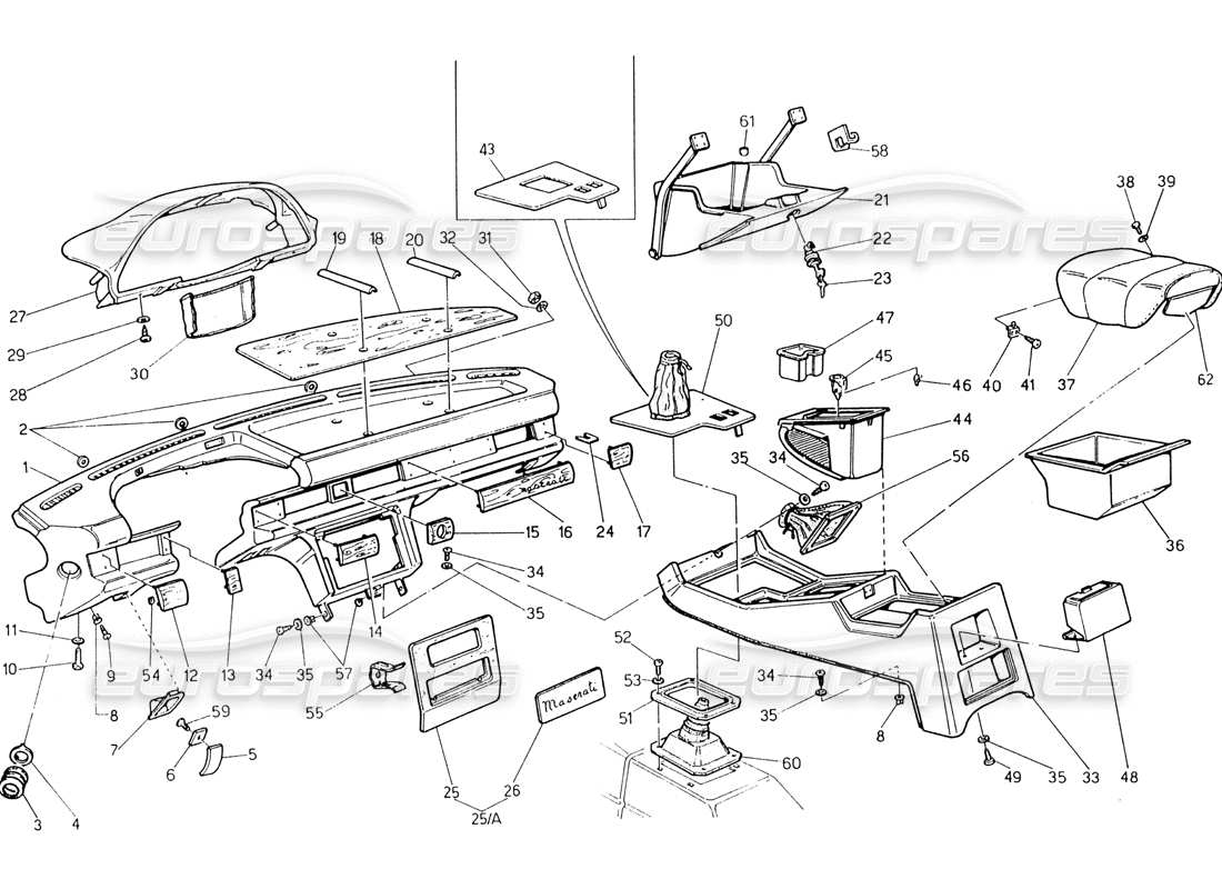 maserati 222 / 222e biturbo instrument panel and console (lh steering) part diagram