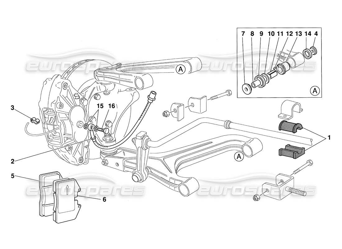 ferrari 348 challenge (1995) front suspension pads and brake pipes part diagram