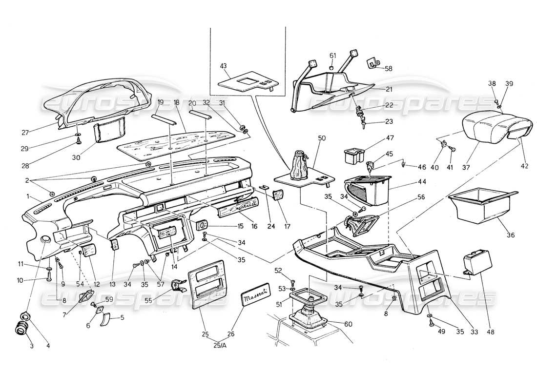 maserati biturbo spider instrument panel and console (lh steering) parts diagram