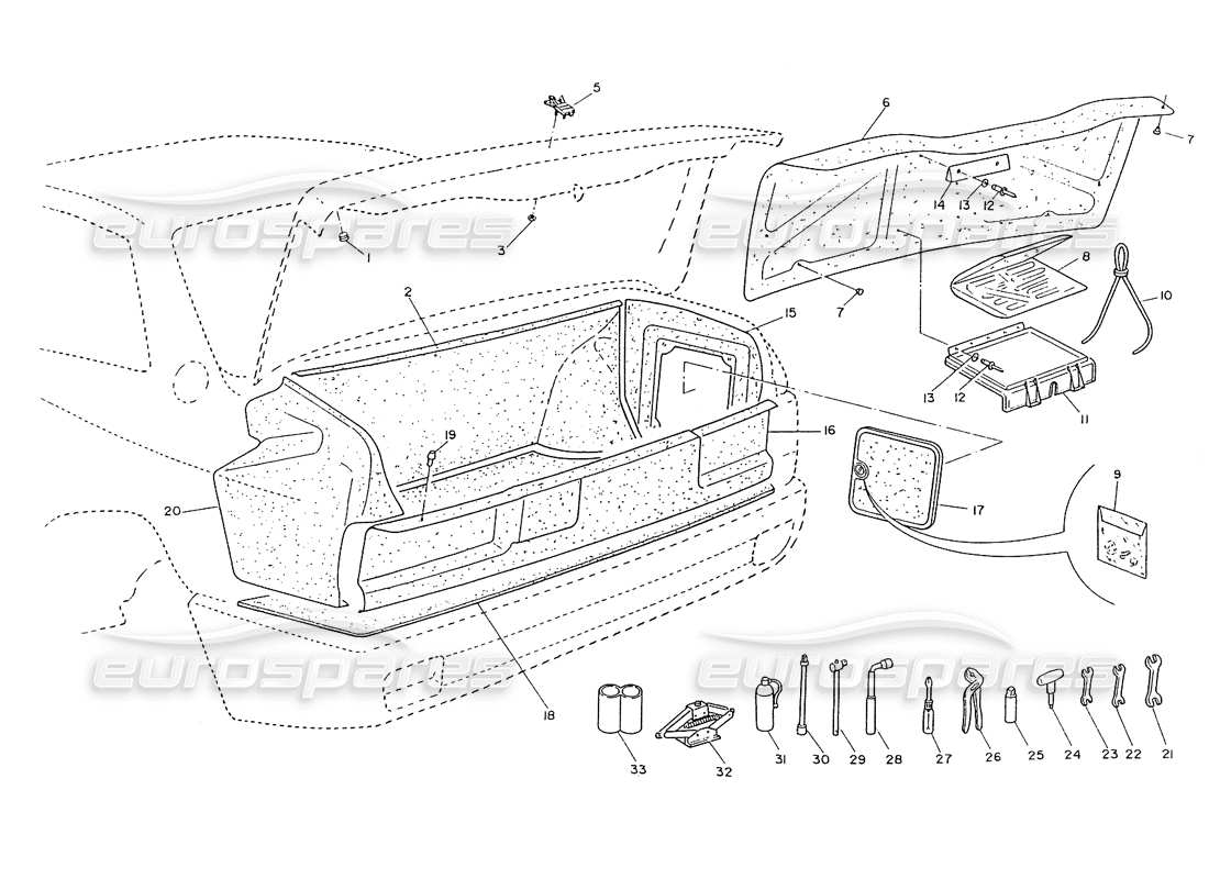 maserati ghibli 2.8 (non abs) trunk lid, escutcheous, trimming, tools part diagram