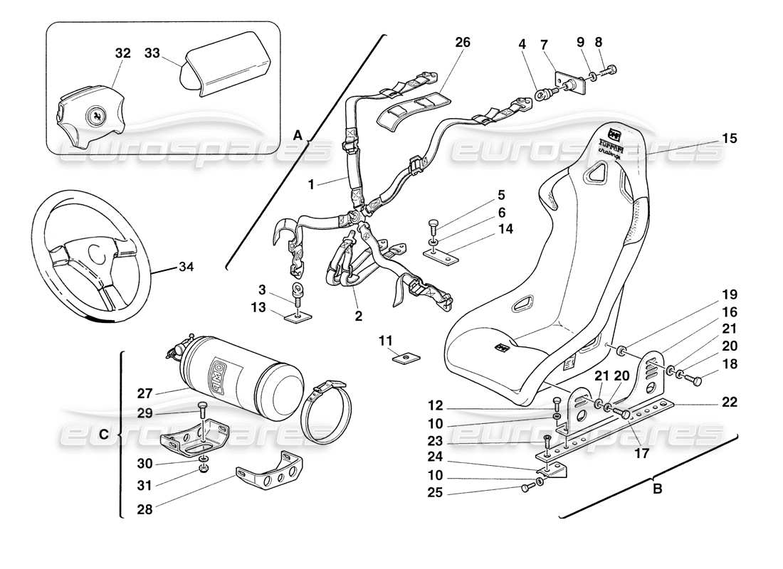 ferrari 355 challenge (1999) seat safety belts - seat - fire extinguisher part diagram