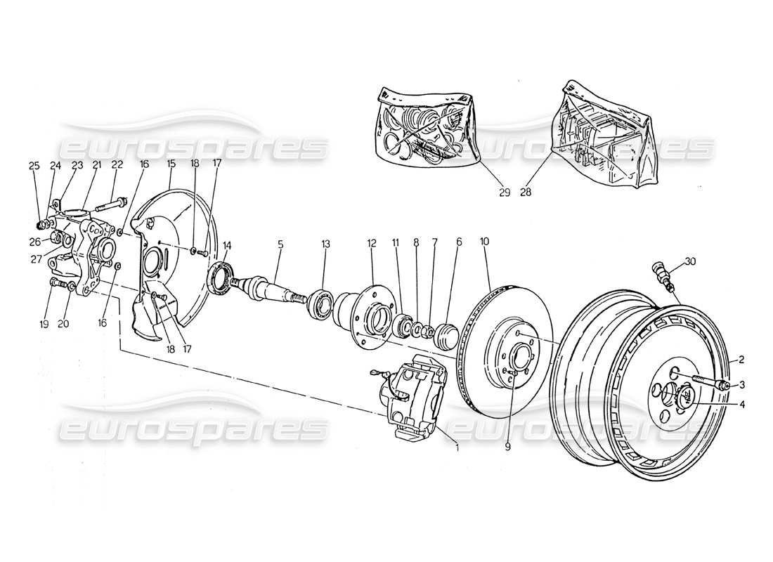 maserati 2.24v wheels, hubs and front brakes part diagram