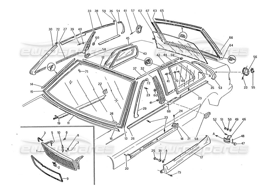 maserati 2.24v radiator grill-finishers-fixed glasses part diagram