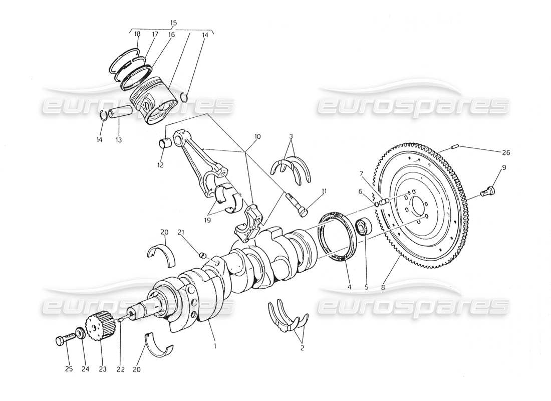 maserati karif 2.8 crankshaft - pistons - connecting rods and flywheel part diagram