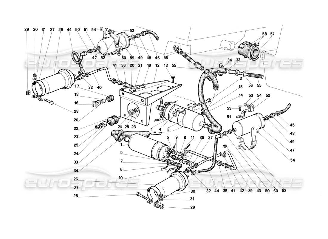 ferrari testarossa (1987) fuel pumps and pipes part diagram