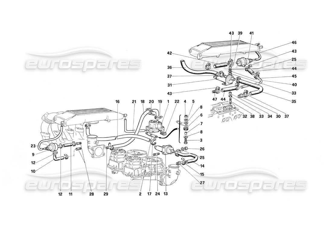 ferrari testarossa (1987) fuel injection system - valves and lines part diagram