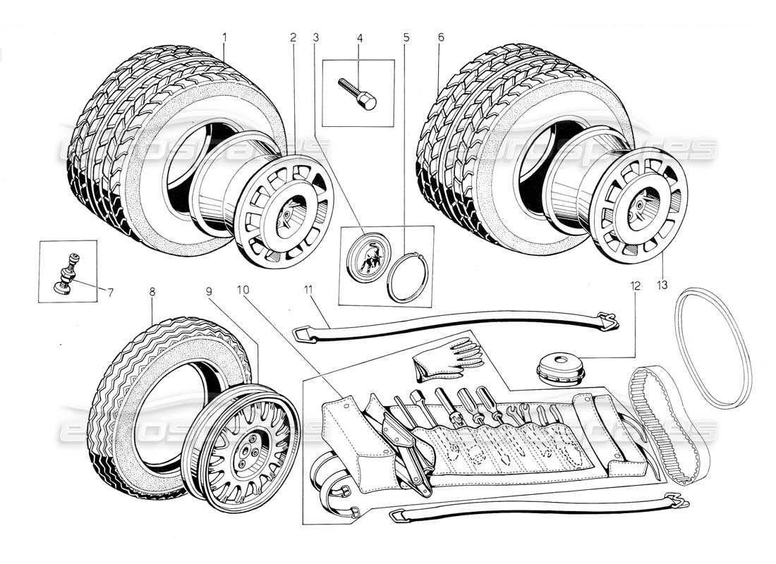 lamborghini jalpa 3.5 (1984) tools kit, tyres and rims part diagram