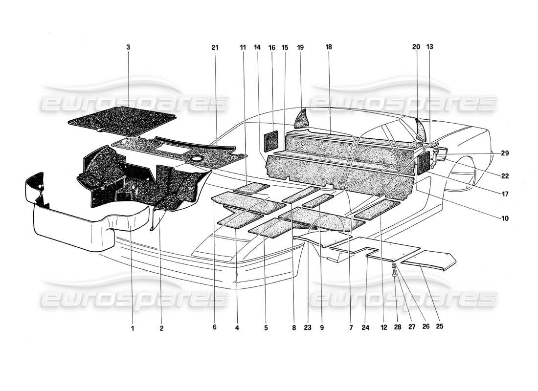 ferrari testarossa (1990) carpet and insulation panels part diagram