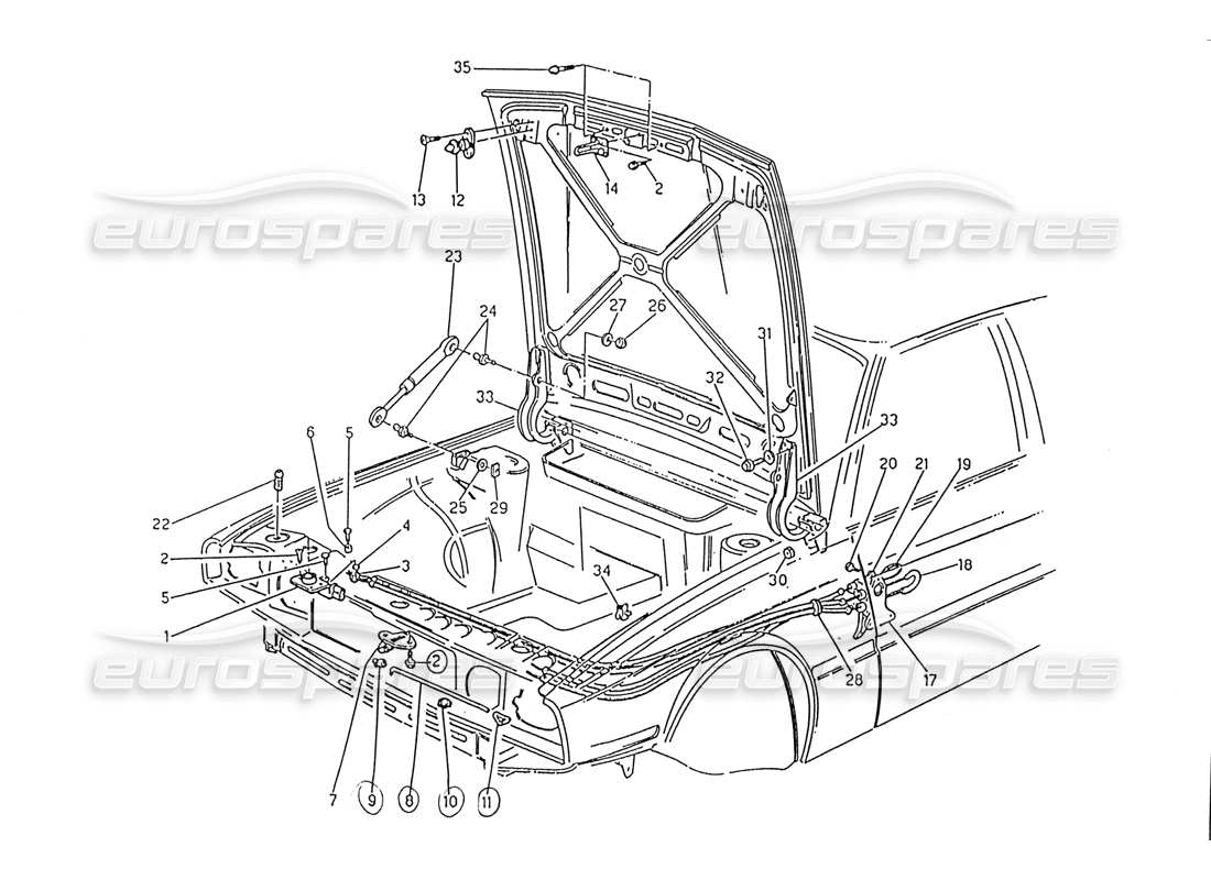 maserati 222 / 222e biturbo bonnet: hinges and bonnet release part diagram