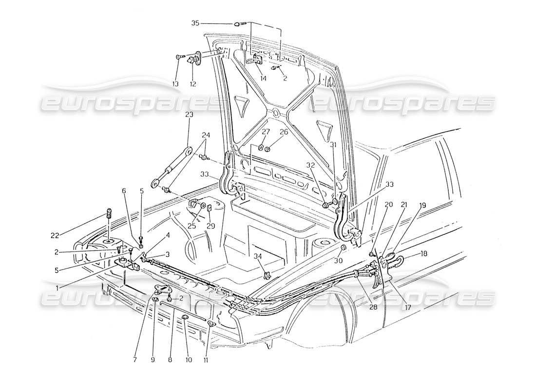 maserati karif 2.8 bonnet: hinges and bonnet release part diagram