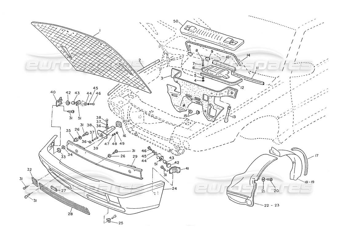 maserati ghibli 2.8 (non abs) front bumper and hood internal trimming part diagram