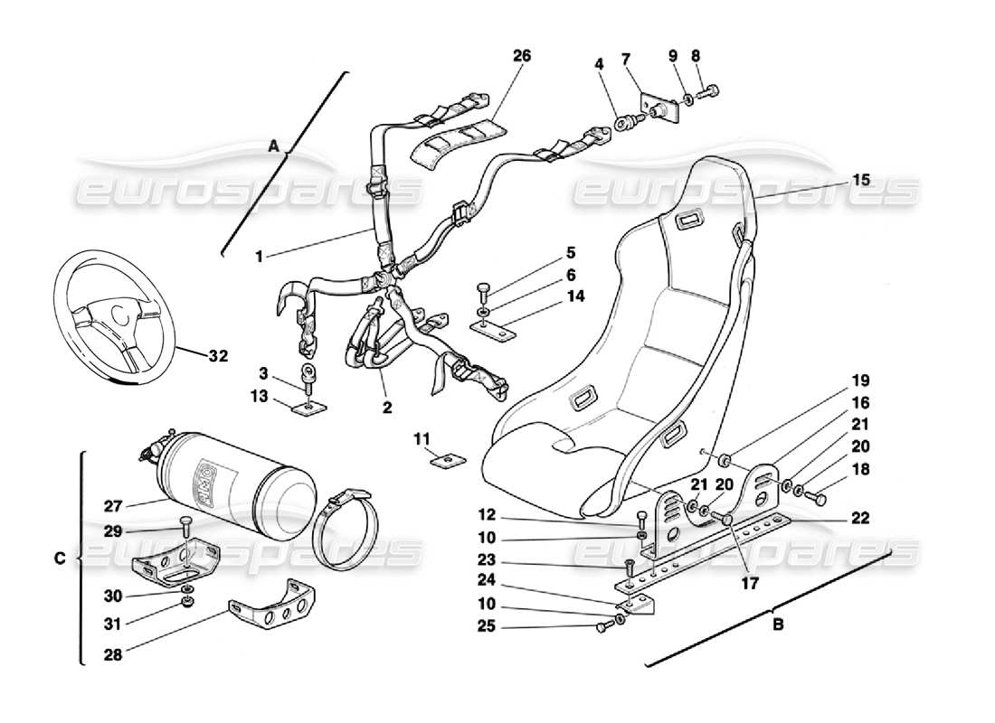 ferrari 355 challenge (1996) seat safety belts - seat - fire extinguisher part diagram