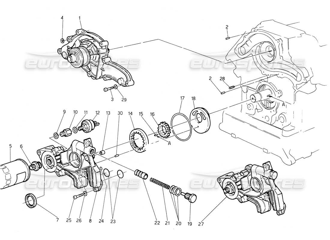 maserati biturbo spider water pump - oil pump parts diagram