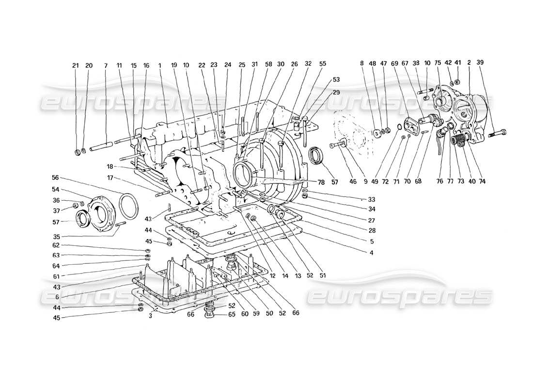 ferrari mondial 3.0 qv (1984) gearbox - differential housing and oil sump part diagram