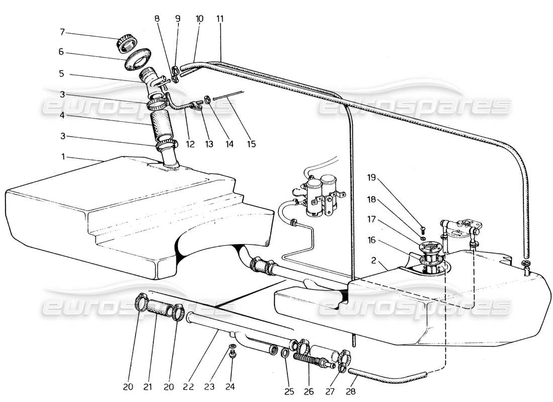 ferrari 365 gt4 2+2 (1973) fuel tanks and piping part diagram