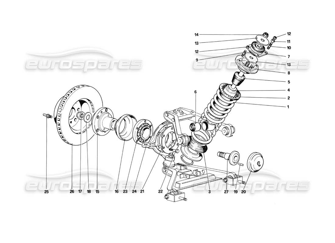 ferrari mondial 3.0 qv (1984) front suspension - shock absorber and brake disc part diagram