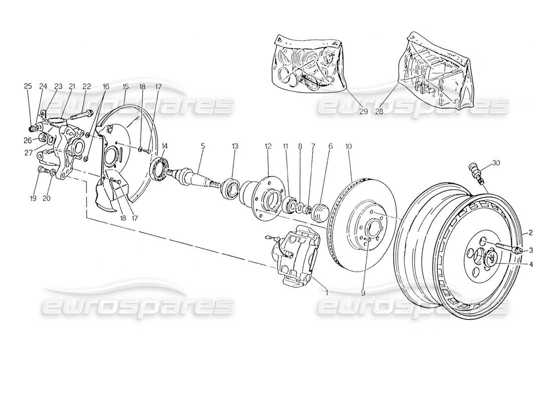 maserati karif 2.8 wheels, hubs and front brakes part diagram