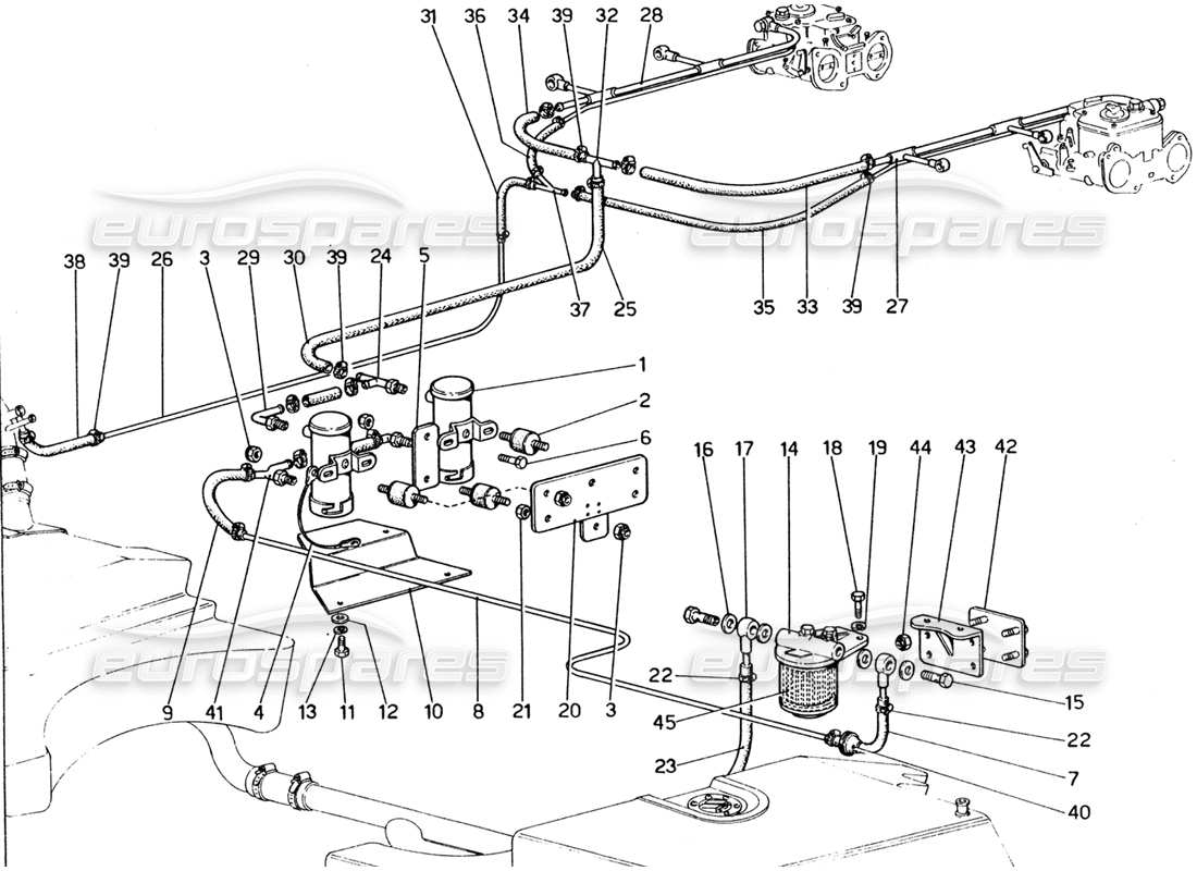 ferrari 365 gt4 2+2 (1973) fuel pumps and fuel pipes part diagram