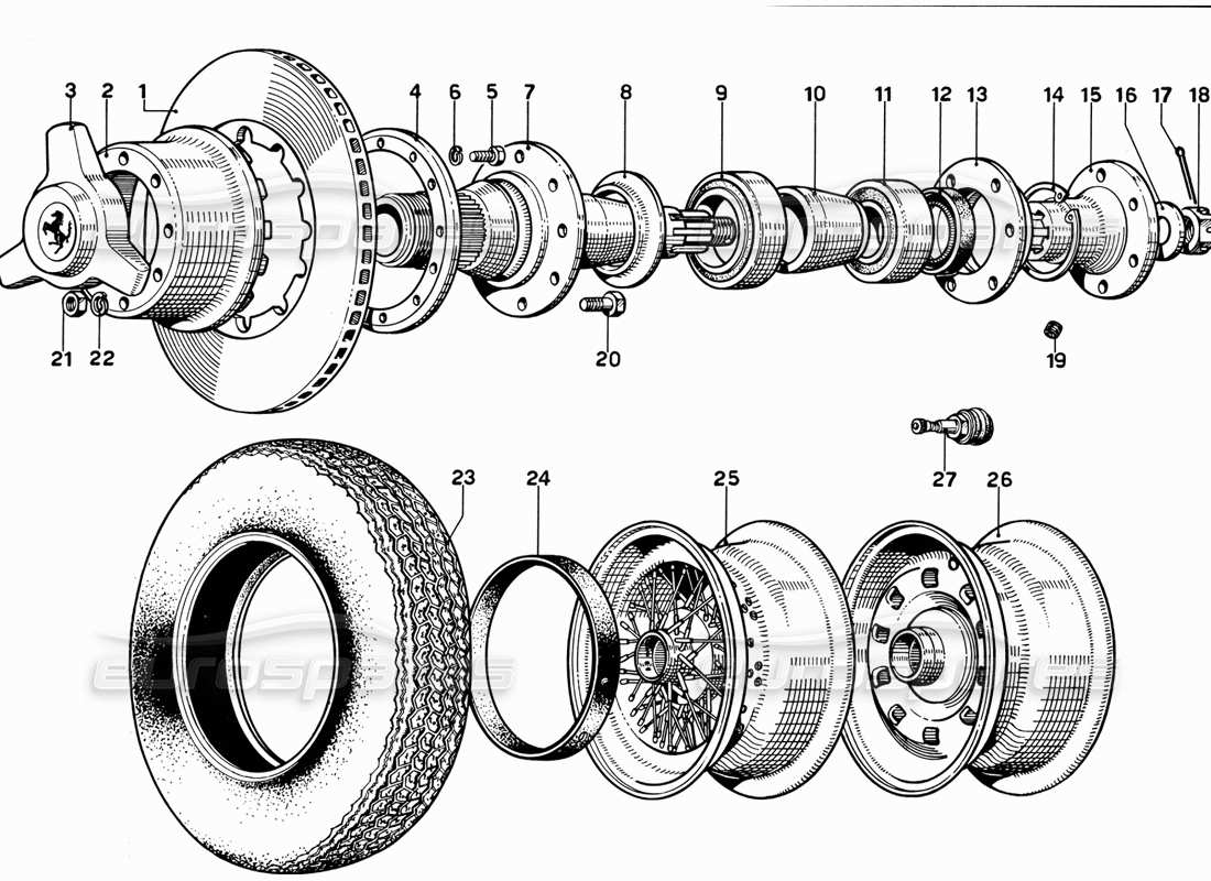 ferrari 365 gt 2+2 (mechanical) rear brake disc and wheel part diagram