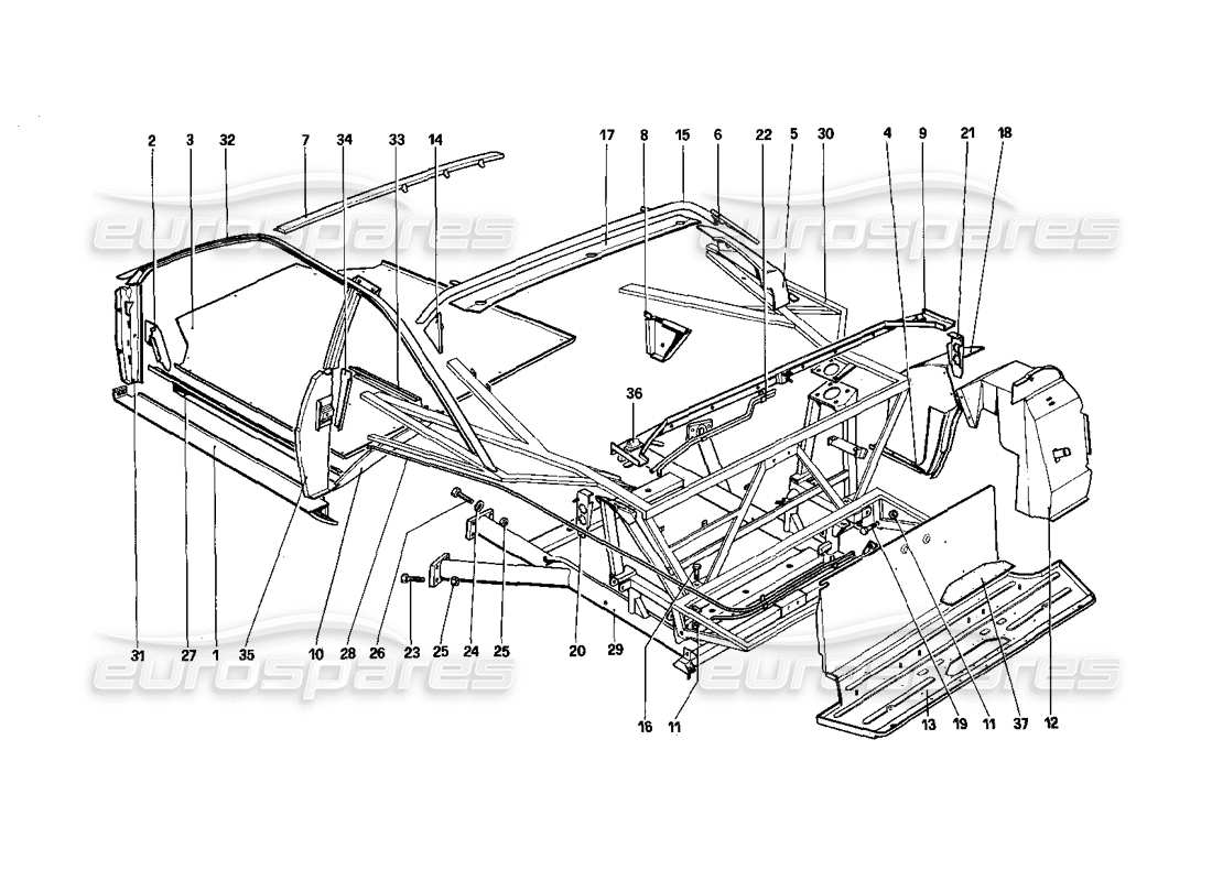 ferrari mondial 3.0 qv (1984) body shell - inner elements - quattrovalvole part diagram