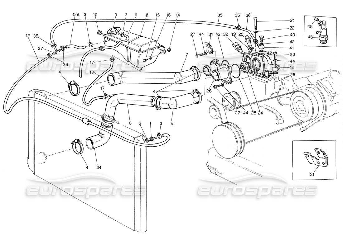 maserati biturbo spider engine cooling pipes and thermostat parts diagram