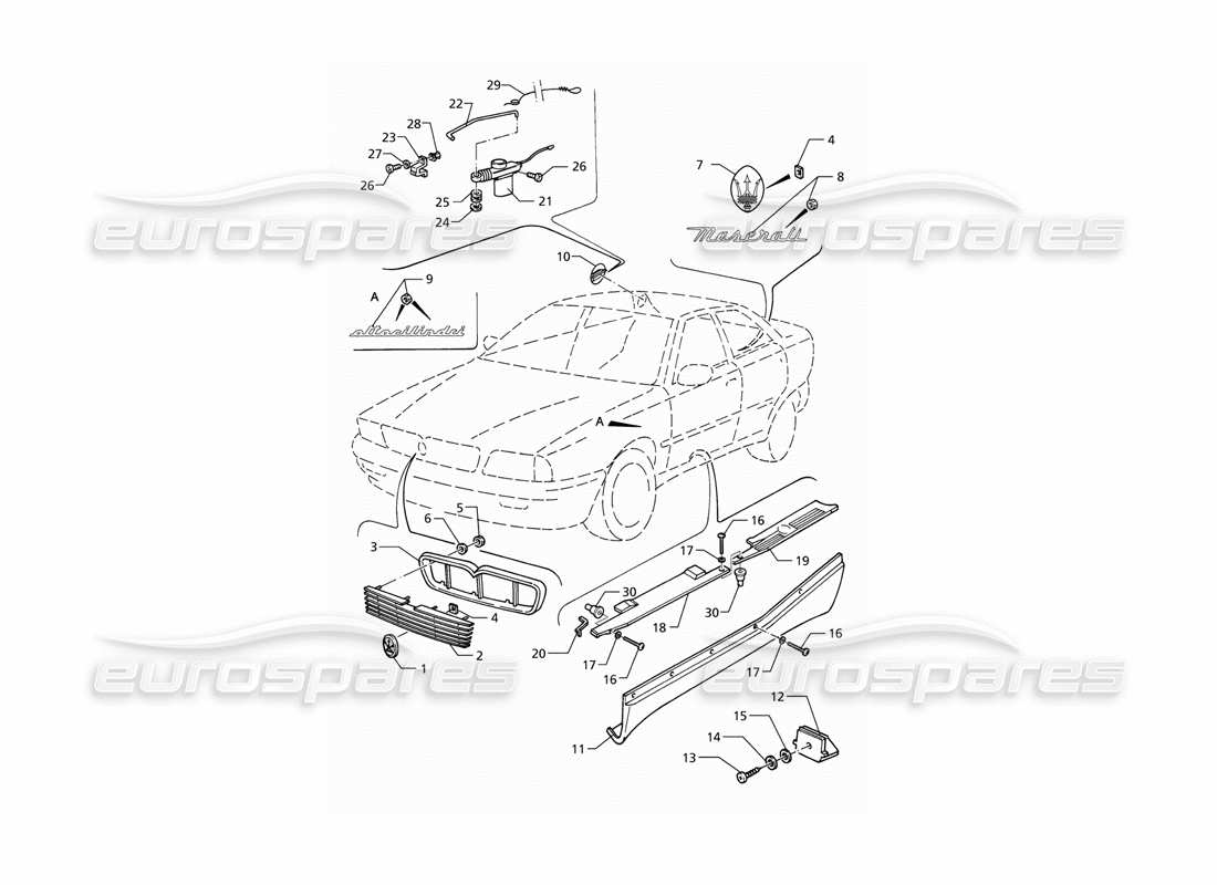 maserati qtp v8 (1998) external finishing - badges part diagram