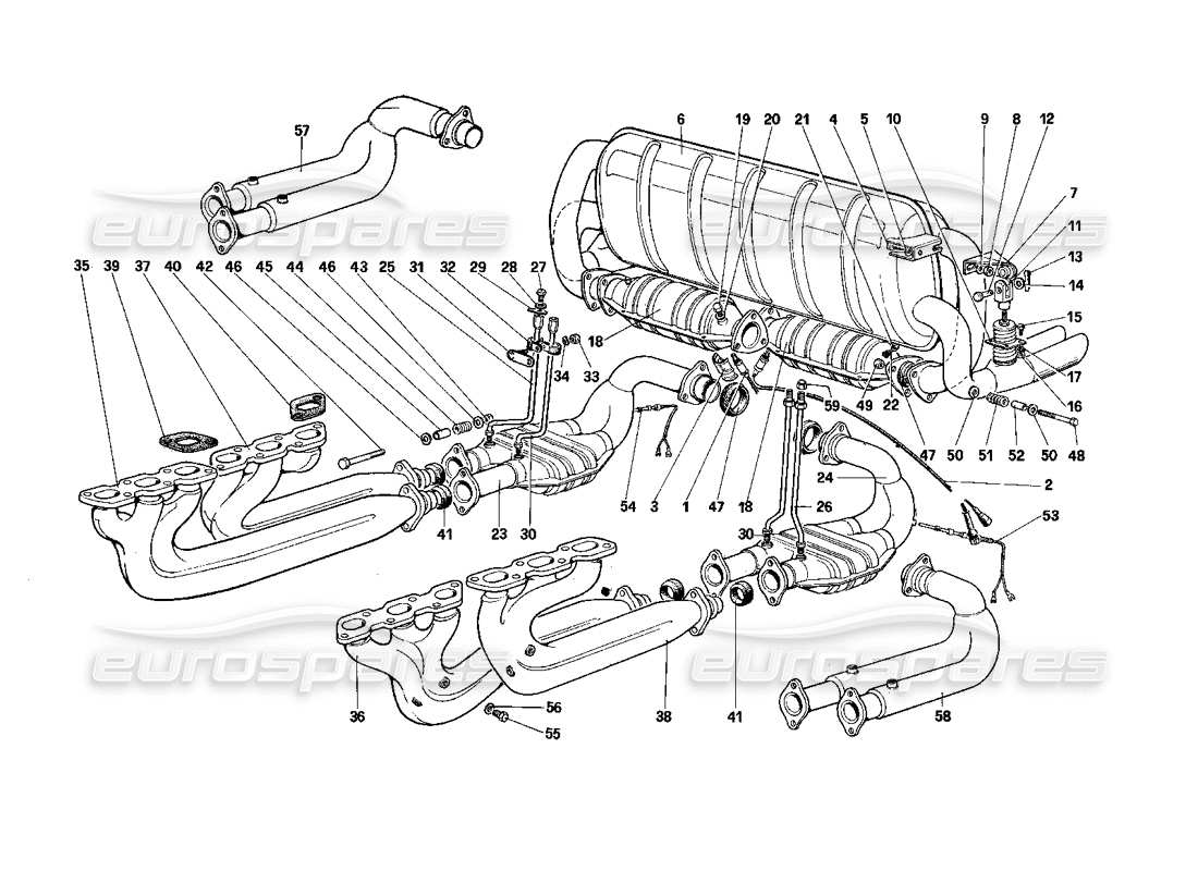 ferrari testarossa (1990) exhaust system (for us - sa and cat version) part diagram