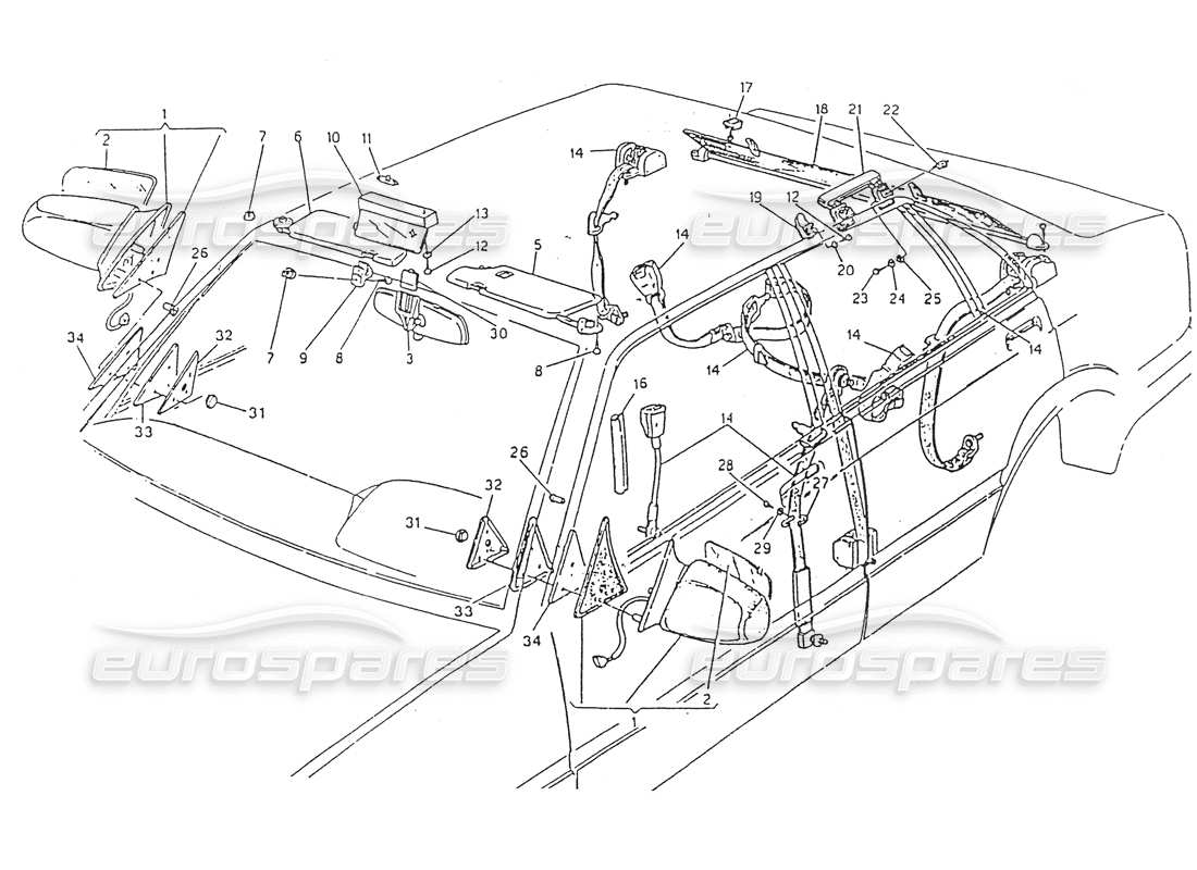 maserati 418 / 4.24v / 430 safety belts, rear view mirror, sun visor part diagram