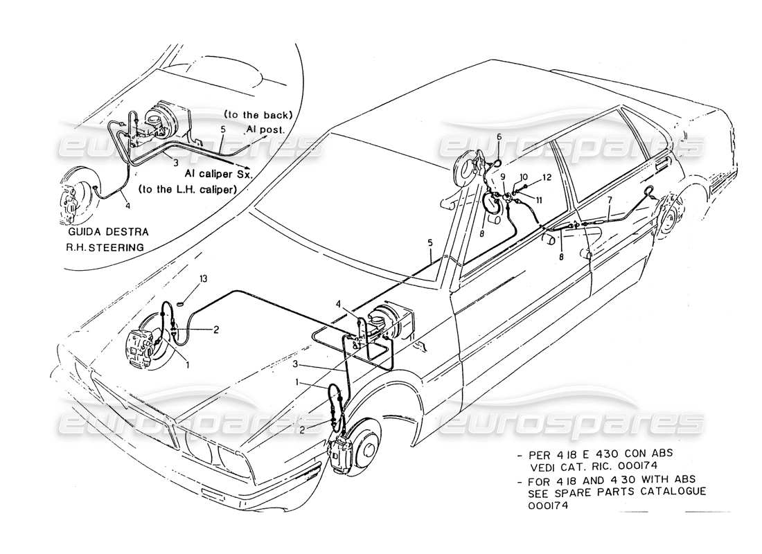 maserati 418 / 4.24v / 430 power brake piping part diagram