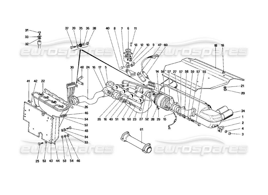 ferrari mondial 3.2 qv (1987) exhaust system (for us and sa version) part diagram