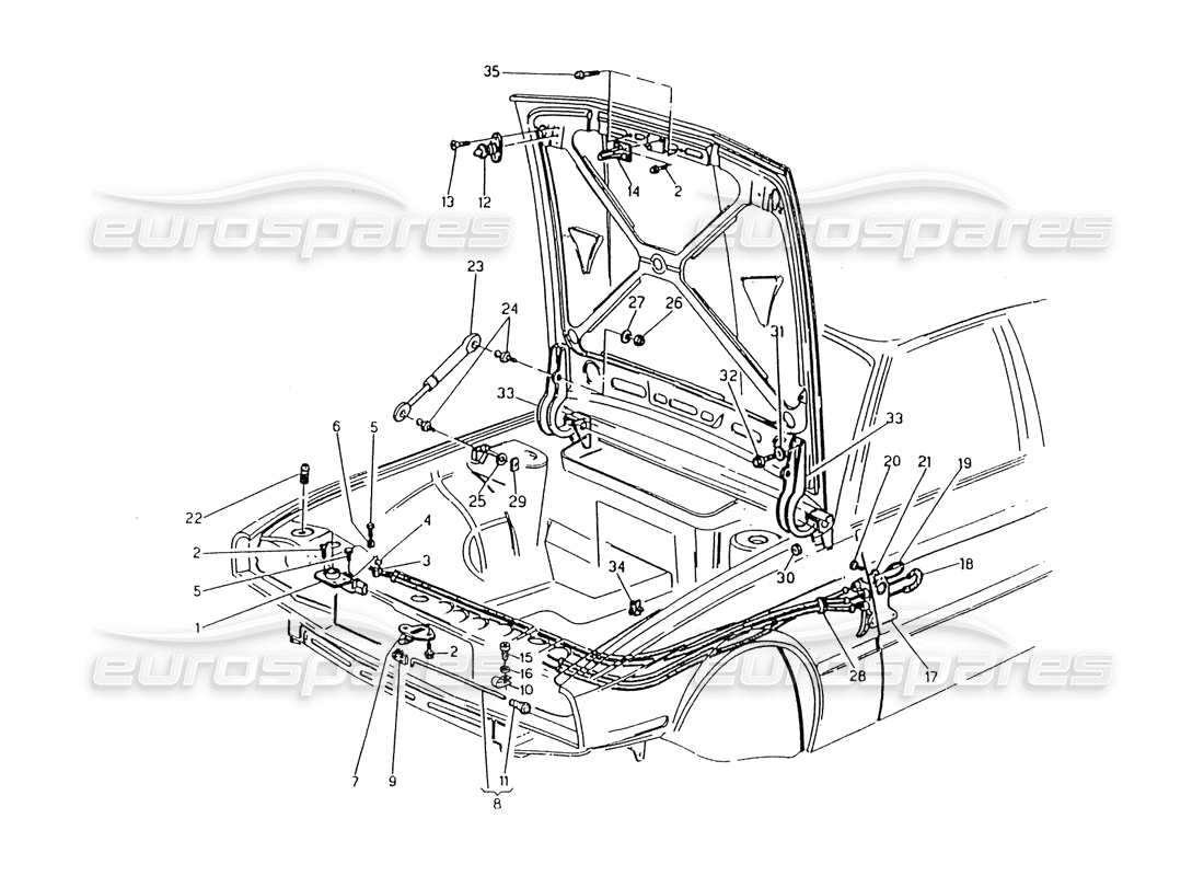 maserati 418 / 4.24v / 430 engine hood, hinges and opening controls part diagram